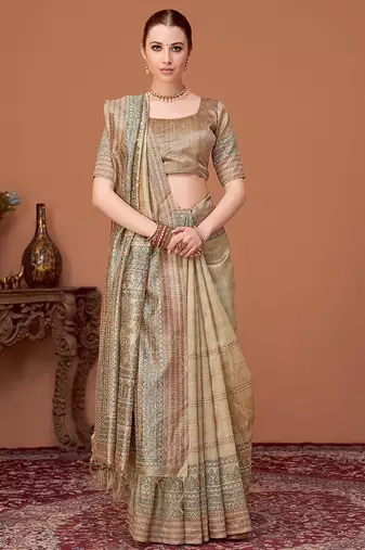Beige kalamkari printed embroidered banarasi saree