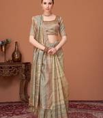 Beige kalamkari printed embroidered banarasi saree