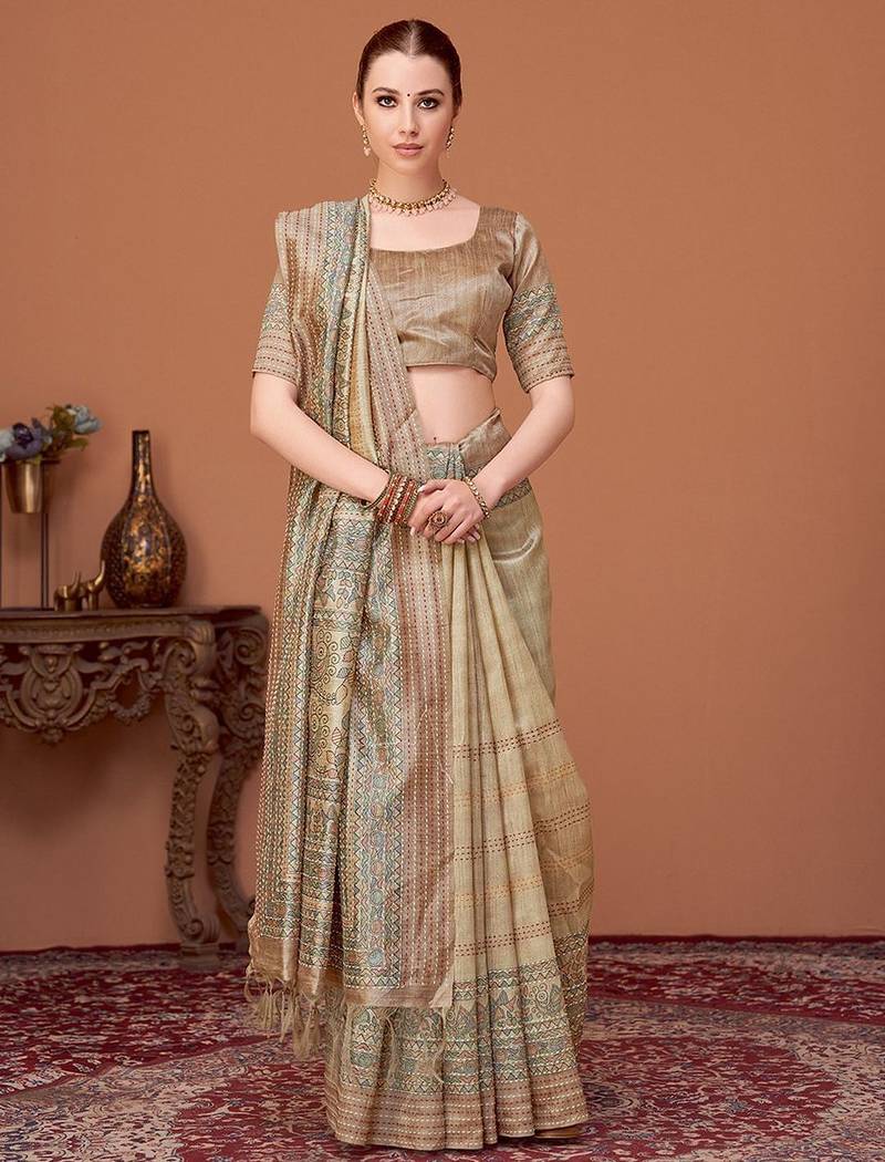 Beige kalamkari printed embroidered banarasi saree