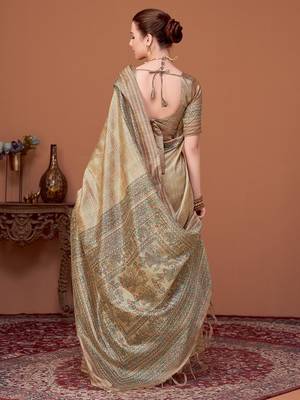 Beige kalamkari printed embroidered banarasi saree 2
