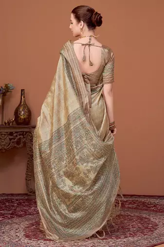 Beige kalamkari printed embroidered banarasi saree