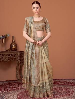 Beige kalamkari printed embroidered banarasi saree 3