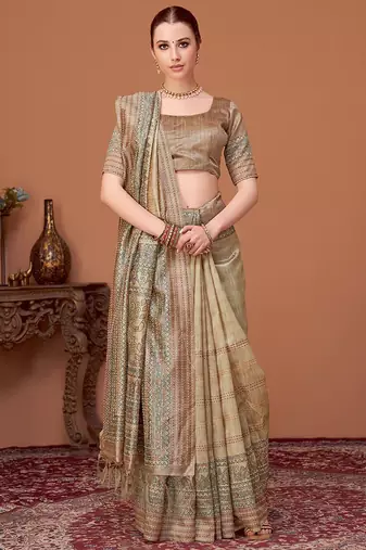 Beige kalamkari printed embroidered banarasi saree