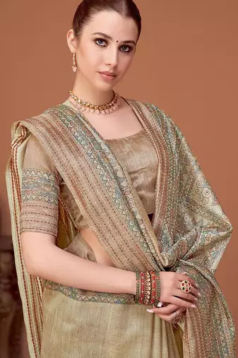 Beige kalamkari printed embroidered banarasi saree