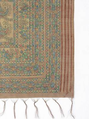 Beige kalamkari printed embroidered banarasi saree 5