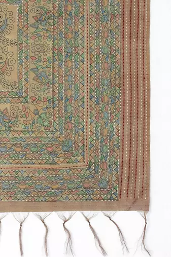 Beige kalamkari printed embroidered banarasi saree