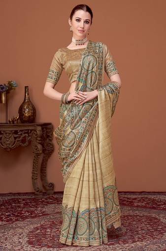 Beige printed saree with matching blouse