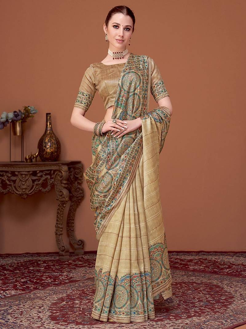 Beige printed saree with matching blouse