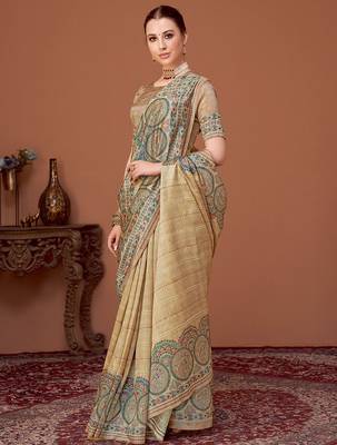 Beige printed saree with matching blouse 2