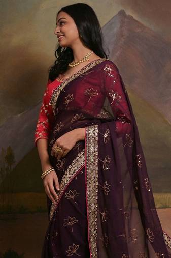 Burgundy embellished saree with matching blouse