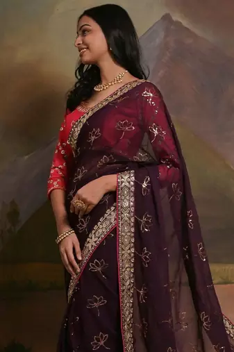 Burgundy embellished saree with matching blouse
