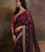 Burgundy embellished saree with matching blouse