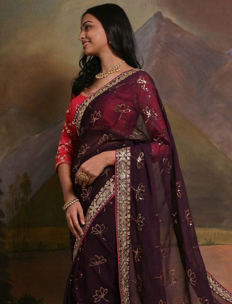Burgundy embellished saree with matching blouse