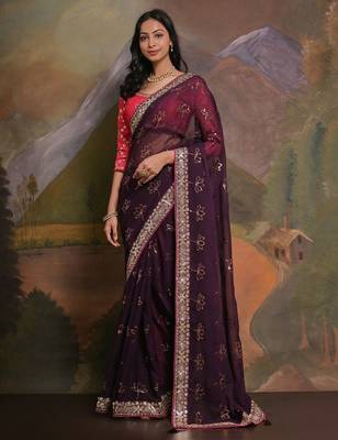 Burgundy embellished saree with matching blouse 2