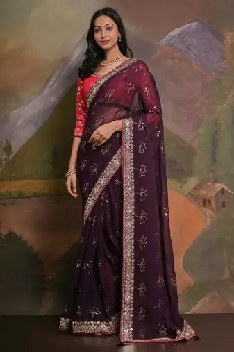 Burgundy embellished saree with matching blouse