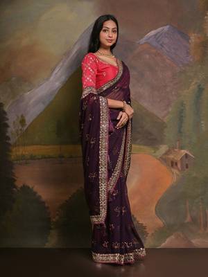 Burgundy embellished saree with matching blouse 3
