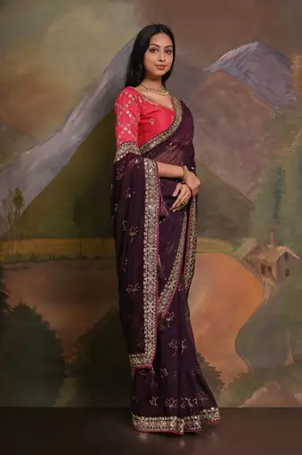 Burgundy embellished saree with matching blouse