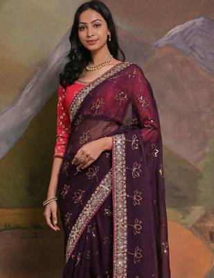Burgundy embellished saree with matching blouse 4