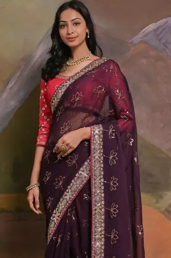 Burgundy embellished saree with matching blouse