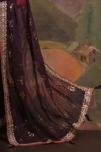 Burgundy embellished saree with matching blouse