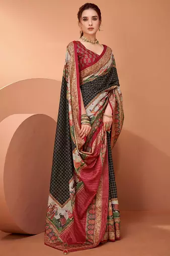 Black ethnic motifs printed banarasi saree