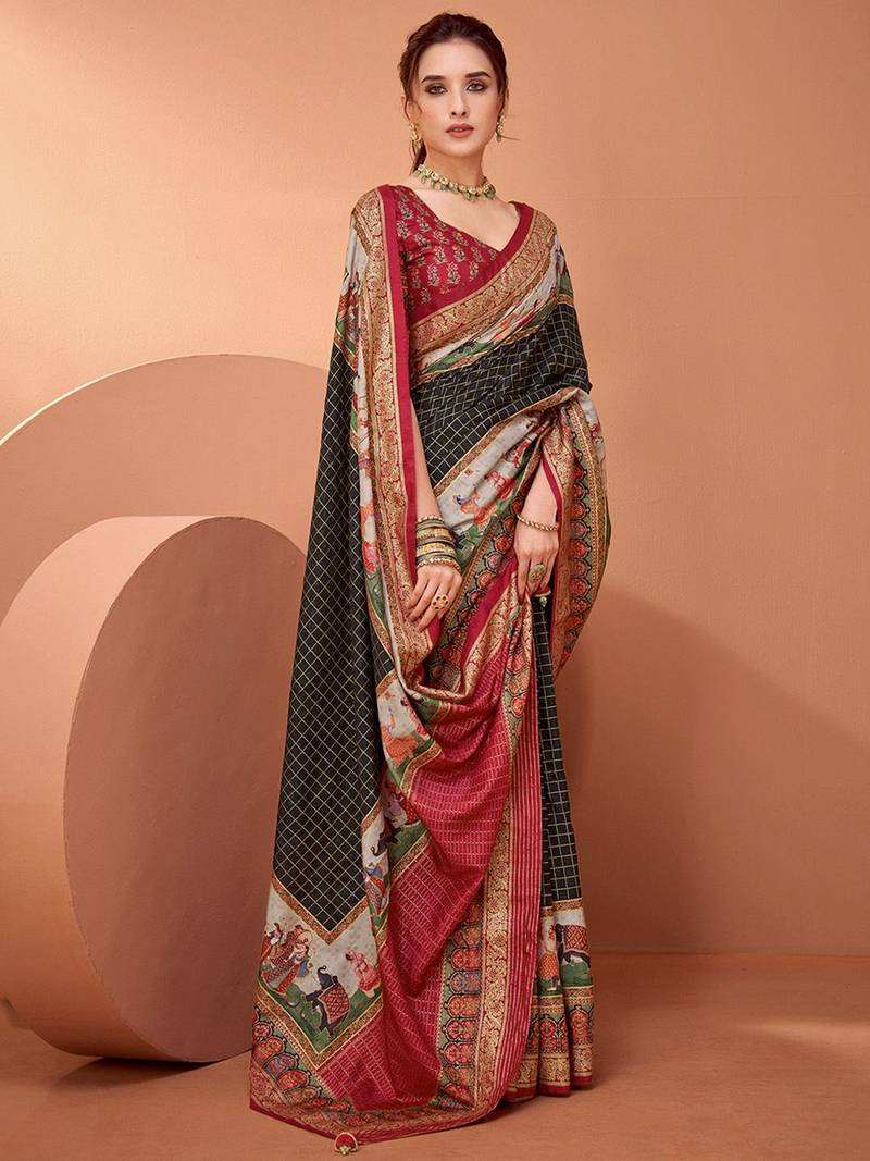 Black ethnic motifs printed banarasi saree