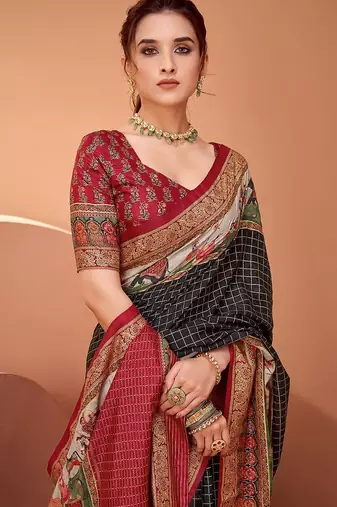 Black ethnic motifs printed banarasi saree