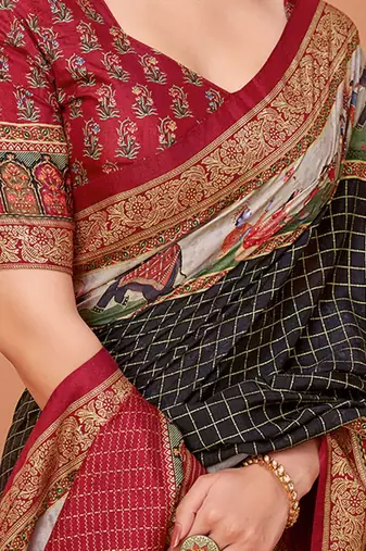 Black ethnic motifs printed banarasi saree