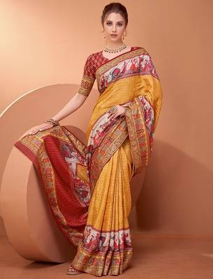 Mustard ethnic motifs printed saree with matching unstitched blouse 1