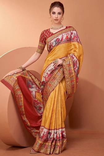 Mustard ethnic motifs printed saree with matching unstitched blouse