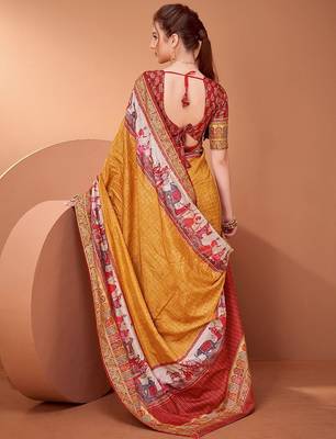 Mustard ethnic motifs printed saree with matching unstitched blouse 2