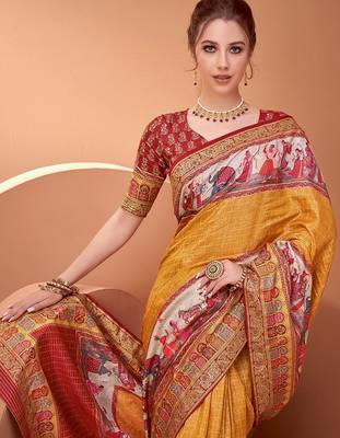 Mustard ethnic motifs printed saree with matching unstitched blouse 3