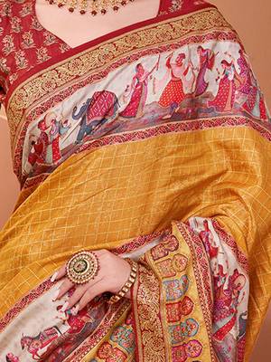 Mustard ethnic motifs printed saree with matching unstitched blouse 4