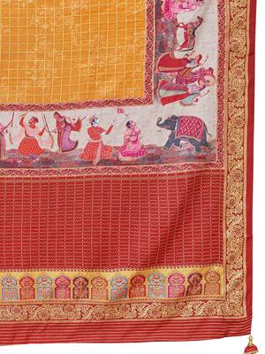 Mustard ethnic motifs printed saree with matching unstitched blouse 5
