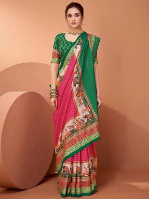 Pink ethnic motifs printed banarasi saree 1