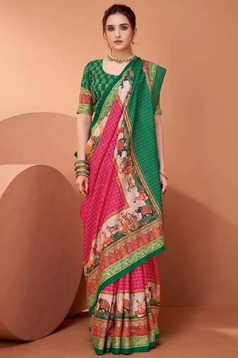Pink ethnic motifs printed banarasi saree