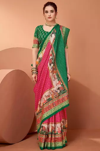 Pink ethnic motifs printed banarasi saree