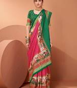 Pink ethnic motifs printed banarasi saree