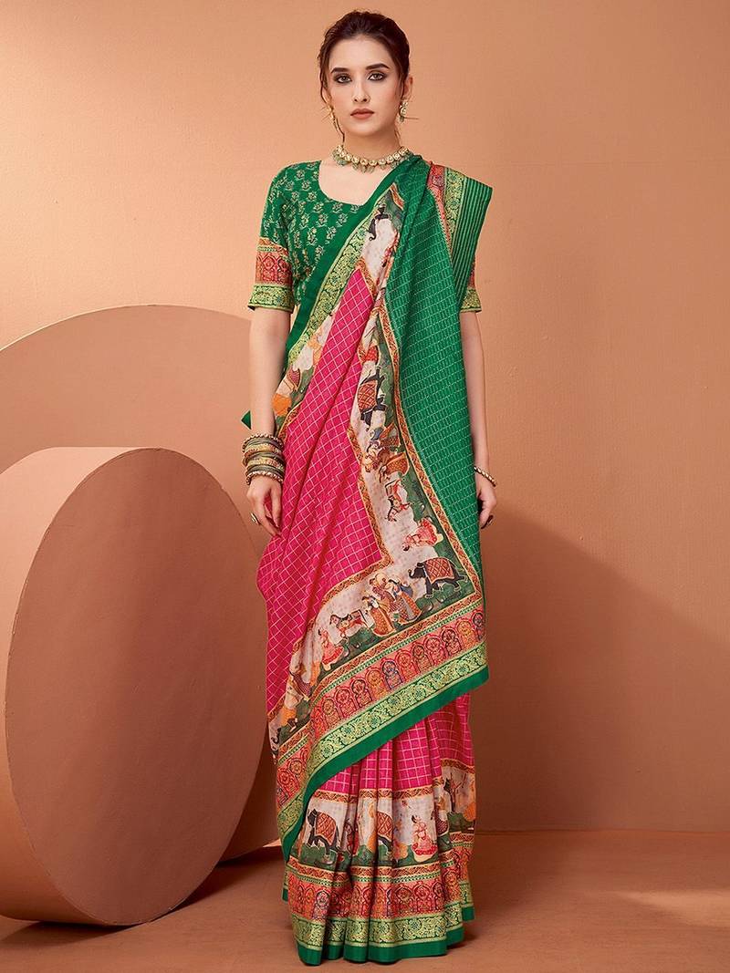 Pink ethnic motifs printed banarasi saree