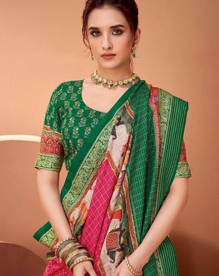 Pink ethnic motifs printed banarasi saree 3