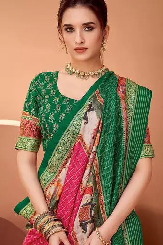 Pink ethnic motifs printed banarasi saree
