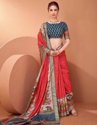 Red ethnic motifs printed saree with unstitched blouse 1