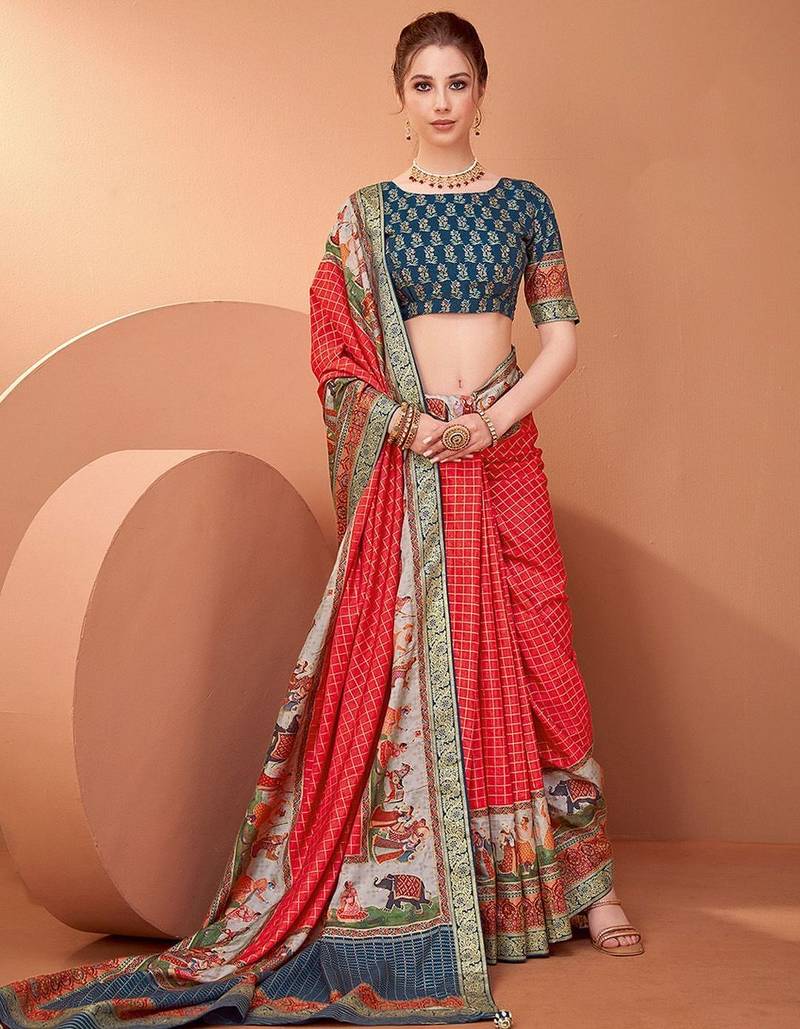 Red ethnic motifs printed saree with unstitched blouse