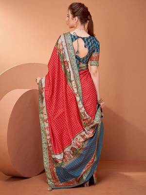 Red ethnic motifs printed saree with unstitched blouse 2