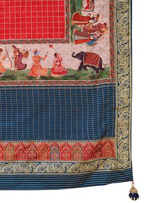 Red ethnic motifs printed saree with unstitched blouse 5