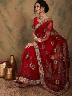 Maroon floral embroidered net sarees 1
