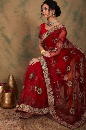 Maroon floral embroidered net sarees