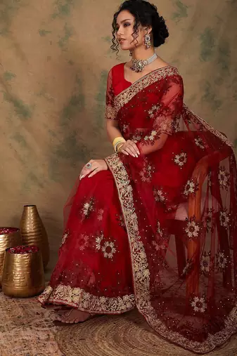 Maroon floral embroidered net sarees