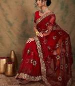 Maroon floral embroidered net sarees