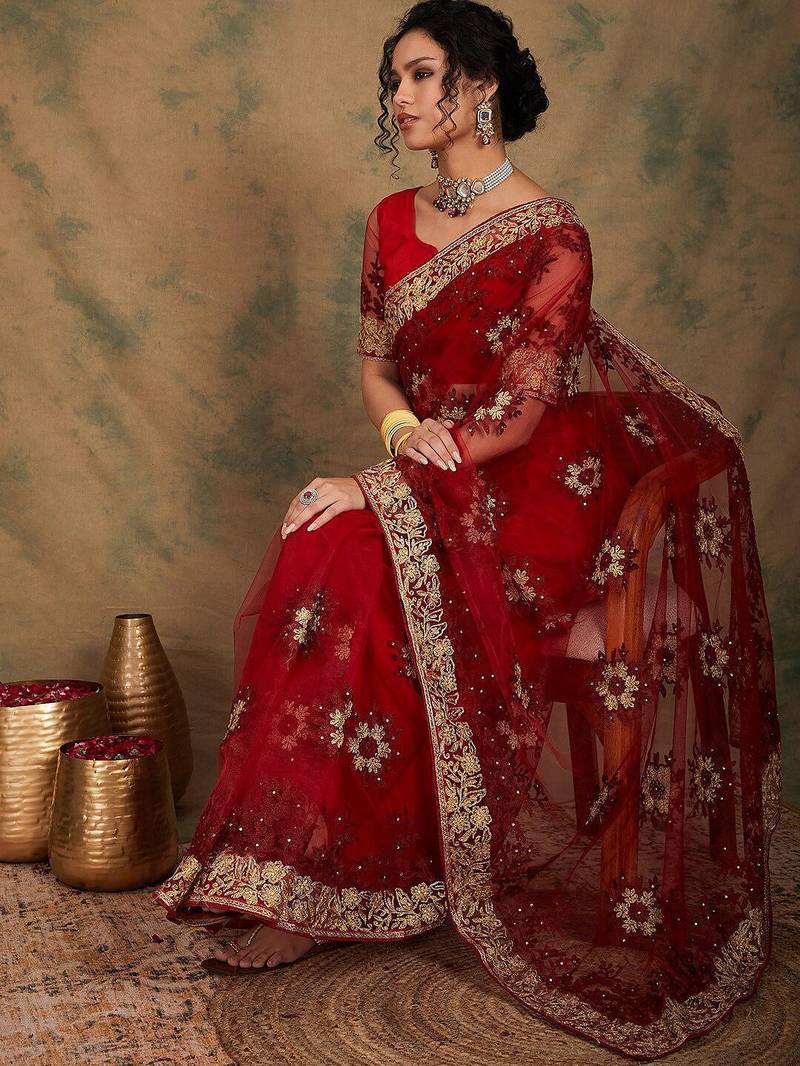 Maroon floral embroidered net sarees
